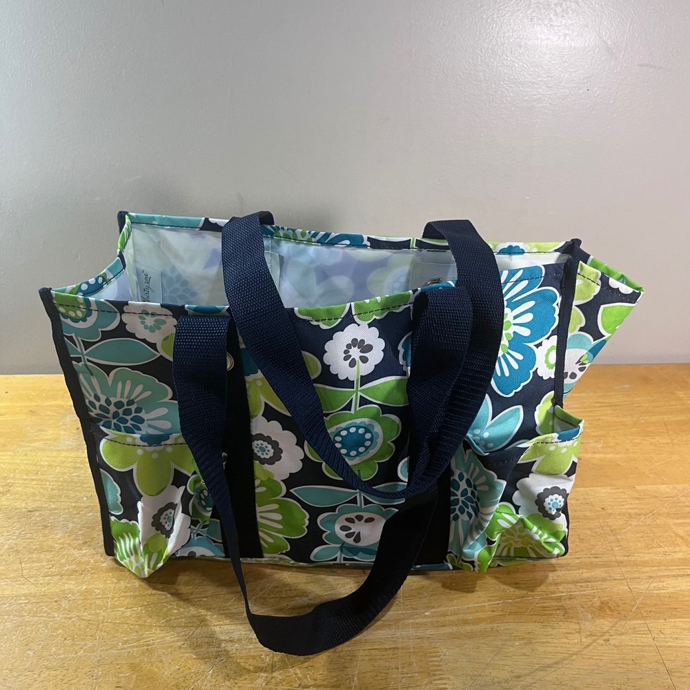 Thirty-One Organizing Utility Tote Floral Navy Green Teal Multi Pocket Bag